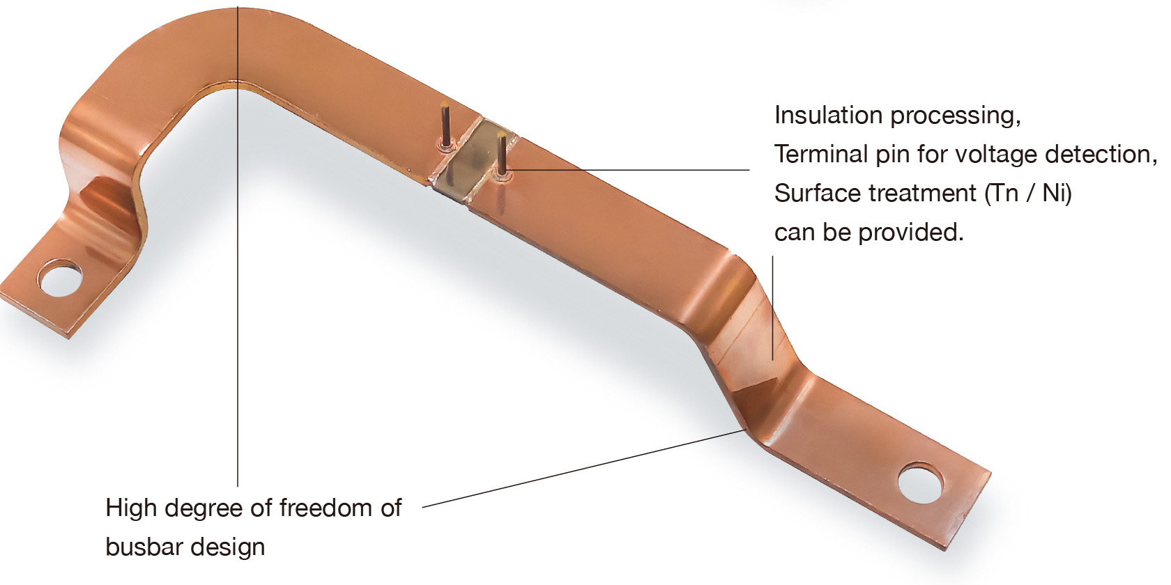 Insulation processing, Terminal pin for voltage detection, surface treatment (Tn / Ni)  can be provided. with high degree of freedom of bus bar design.